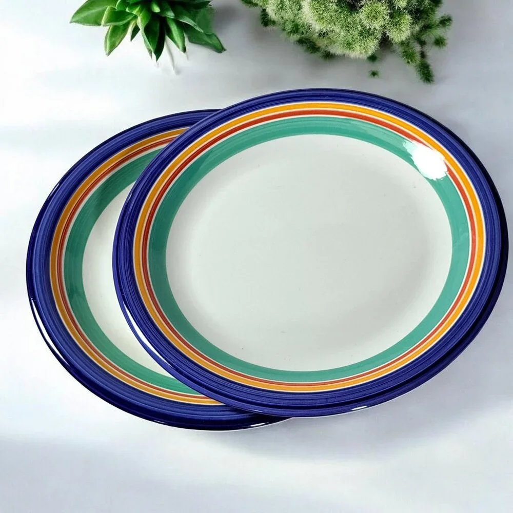 Crate & Barrel Striped Dinner Plates 10” Made In Italy Set Of 2